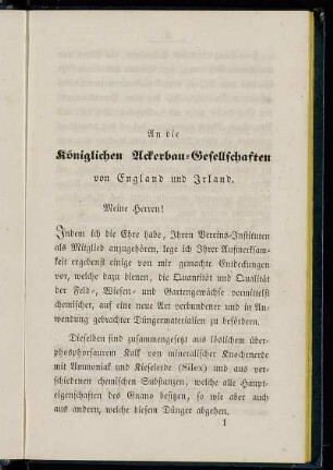 An die Königlichen Ackerbau-Gesellschaften von England und Irland.