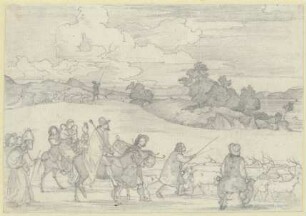 Italienische Landschaft mit wandernden Ziegenhirten und Landleuten