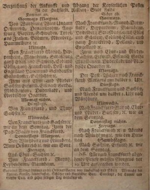 Verzeichnuß der Ankunfft und Abgang der Kayserlichen Posten in der Hochfürstl. Residentz-Stadt Fulda.