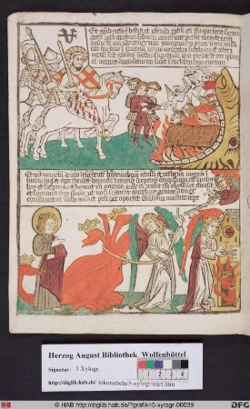 Oben: Das Tier und der falsche Prophet werden in die Hölle gestürzt (Offenb. 19,20). Unten: Der Drache wird gefesselt und im Abgrund eingeschlossen (Offenb. 20,1).