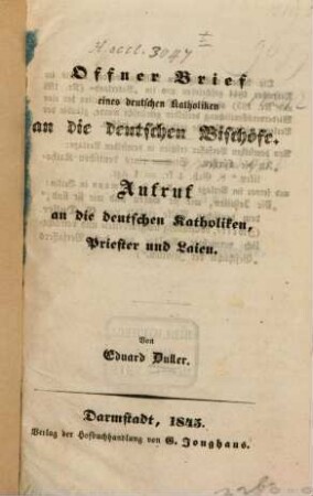 Offner Brief eines deutschen Katholiken an die deutschen Bischöfe. Aufruf an die deutschen Katholiken, Priester und Laien