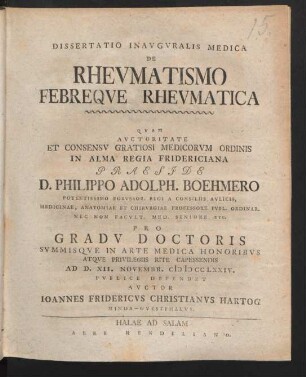 Dissertatio Inauguralis Medica De Rheumatismo Febreque Rheumatica