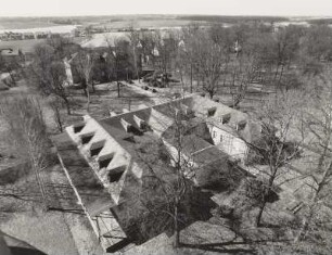 Wermsdorf, Ortsteilansicht, Blick vom Wasserturm über das Verwaltungsgebäude nach Süden