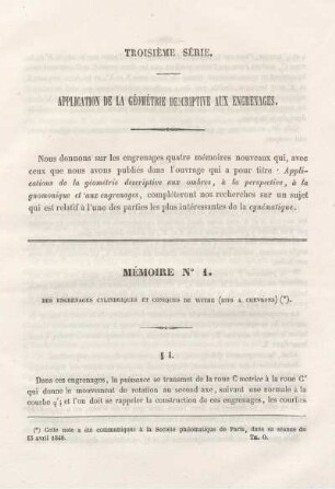 Troisième Série. Applications de la Géométrie Descriptive aux Engrenages.