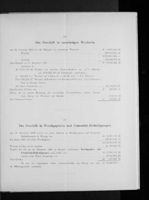 IV. Das Geschäft in Wertpapieren und Consortial-Betheiligungen.