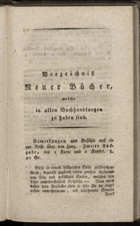 Verzeichniß Neuer Bücher, welche in allen Buchhandlungen zu haben sind.