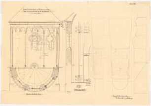 Herz Jesu Kloster, Fünfbrunnen (Cinqfontaines): Detail des Chorbereichs, Grundriss, Ansicht, Schnitt 1:20 und Kapitelldetails (1:1) der Klosterkapelle