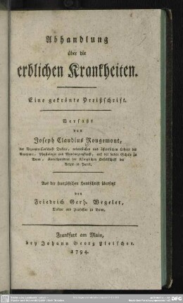 Abhandlung über die erblichen Krankheiten : Eine gekrönte Preißschrift