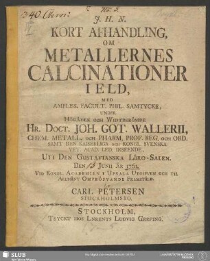 Kort Afhandling, Om Metallernes Calcinationer I Eld