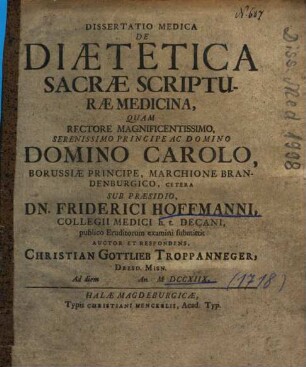 Dissertatio Medica De Diaetetica Sacrae Scripturae Medicina