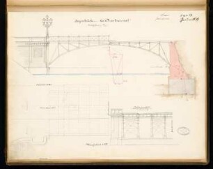 Eiserne Bogenbrücke über den Landwehrkanal, Berlin Monatskonkurrenz Januar 1879: Grundriss (halb), Aufriss Seitenansicht (halb), Längsschnitt (halb), Querschnitt (halb) 1.50