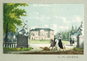 Ansicht des Palais im Großen Garten zu Dresden, Lithografie, um 1840 : Gr. Garten. [S.l.], [um 1840]. - 1 Kunstbl. : kol. Lithogr. ; 8,6 x 5,5 cm.