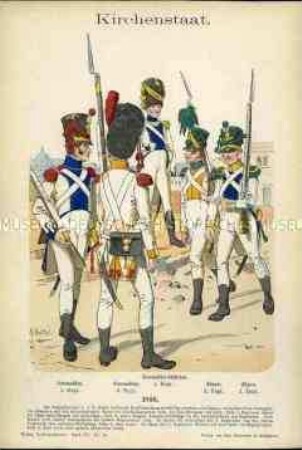Uniformdarstellung, Gemeine und Offizier der Grenadier-Regimenter, Gemeine der Jäger-Regimenter, Kirchenstaat, 1816.