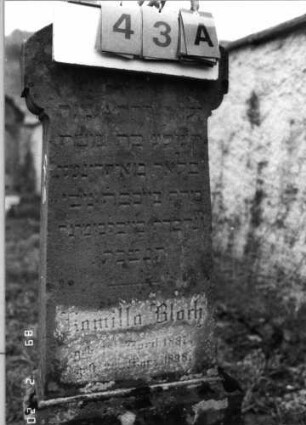 Grabstein 43 (Index: 99798324) Material: Sandstein Zustand: leicht verwittert Maße HxBxT: 121x35x17 cm Beschreibung: Stele mit überkragendem Segmentbogenabschluß, Sockel Besonderheit: Kindergrab: Grabstein 43A