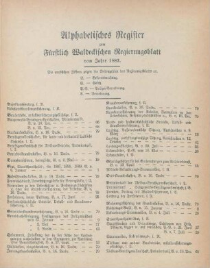 Alphabetisches Register zum Fürstlich Waldeckischen Regierungsblatt vom Jahre 1887