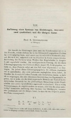 XIX. Auflösung eines Systems von Gleichungen, worunter zwei quadratisch und die übrigen linear.
