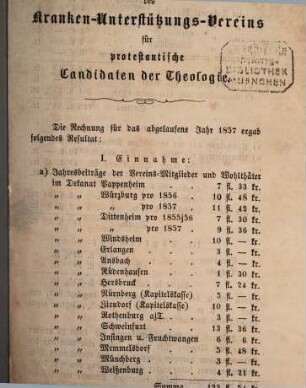 Rechenschaftsbericht des Kranken-Unterstützungs-Vereins für Protestantische Candidaten der Theologie. 1857 (1858)