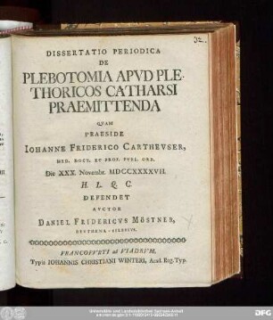 Dissertatio Periodica De Plebotomia Apvd Plethoricos Catharsi Praemittenda