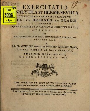 Exercitatio analytica et hermeneutica selectiorum capitum et locorum textus hebr. et graec.