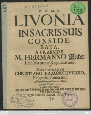 Livonia In Sacris Suis Considerata