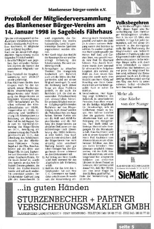 Protokoll der Mitgliederversammlung des Blankeneser Bürger-Vereins am 14. Januar 1998 in Sagebiels Fährhaus