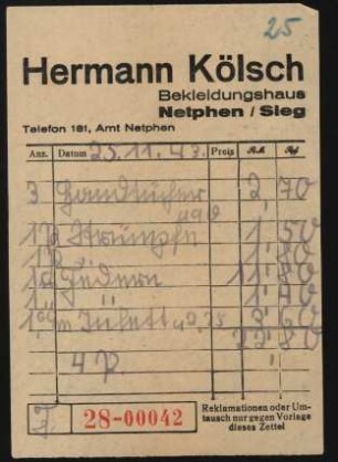 Kölsch, Hermann (Quittung)