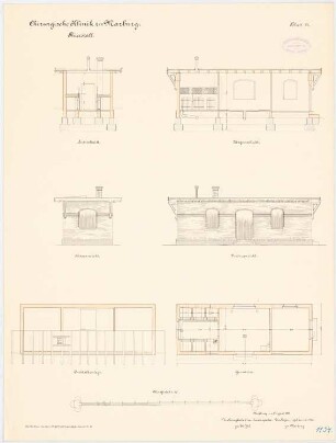 Chirurgische Klinik der Philipps-Universität Marburg: Tierstall in Grundriss Erdgeschoss, Dachbalkenlage, Aufriss Vorderansicht, Seitenansicht, Längsschnitt, Querschnitt 1:100