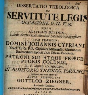 Diss. theol. de servitute legis : occasione Gal. V, 18