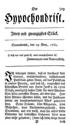 Zwey und zwanzigstes Stück. Sonnabends, den 29 May, 1762.
