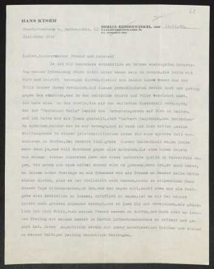 Brief von Hans Kyser an Gerhart Hauptmann