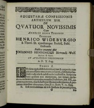 Augustanæ Confessionis Articulum XVII. De Quatuor Novissimis [...]