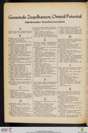 Gemeinde Ziegelhausen, Ortsteil Peterstal - Alphabetisches Einwohnerverzeichnis
