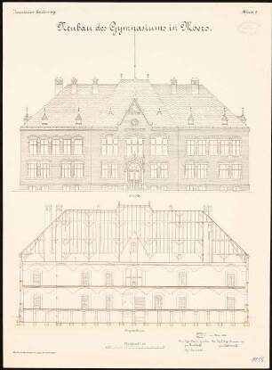 Gymnasium, Moers: Aufriss, Längsschnitt 1:100