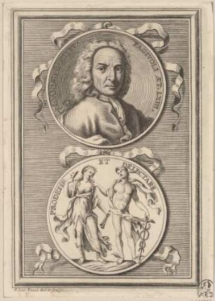 Gedenkmünze auf den Schriftsteller Giovan Battista Fagiuoli (Avers: Bildnis; Revers: Merkur mit einer Personifikation der Komödie und das Motto "Prodesse et delectare")