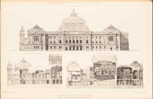 Reichstag, Berlin Zweiter Wettbewerb: Ansicht von der Sommerstraße, Schnitt B A, Schnitt C D (aus: Sammelmappe hervorragender Konkurrenzentwürfe H. 6, hrsg.v. K.E.O. Fritsch, 1883)