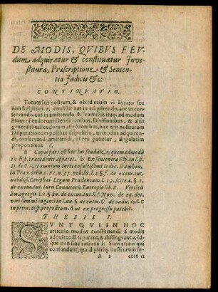 De Modis, Quibus Feudum adquiratur et constituatur Investitura, Praescriptione et Sententia Judicis etc: