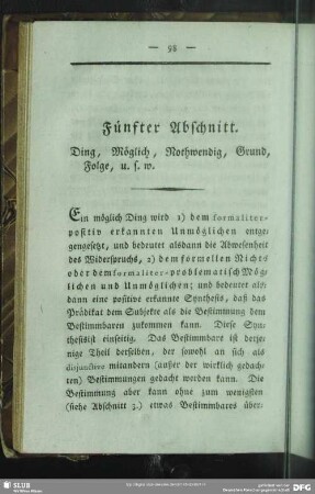 Fünfter Abschnitt. Ding, Möglich, Nothwendig, Grund, Folge, u.s.w.