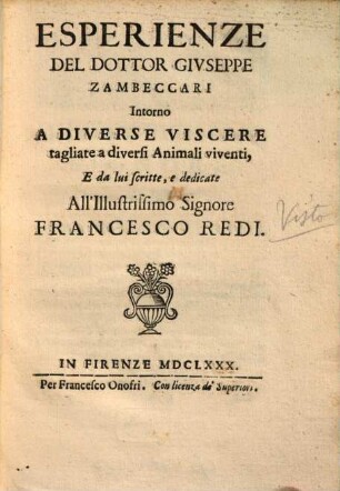 Esperienze Del Dottor Givseppe Zambeccari Intorno A Diverse Viscere tagliate a diversi Animali viventi