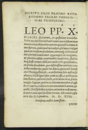 Dilecto Filio Erasmo Roterodamo Sacrae Theologiae Professori A S Leo PP. X.