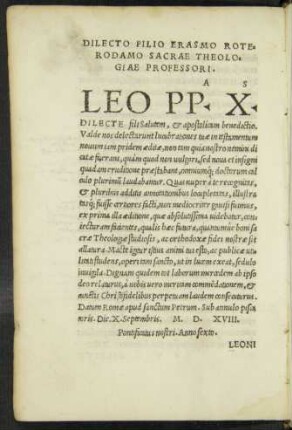 Dilecto Filio Erasmo Roterodamo Sacrae Theologiae Professori A S Leo PP. X.