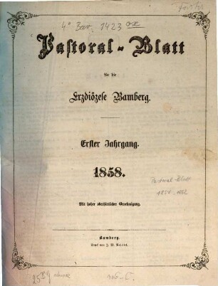 Pastoralblatt der Erzdiözese Bamberg. 1. 1858