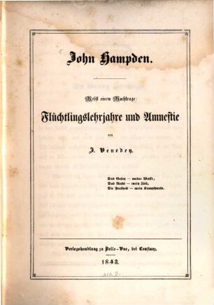 John Hampden : nebst e. Nachtr.: Flüchtlingslehrjahre u. Amnestie