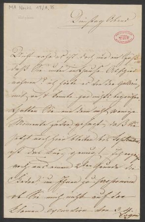 Brief an Carl Mendelssohn Bartholdy : o.D. [Dienstag abend]