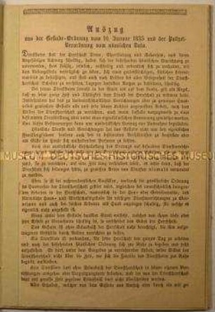 Auszug aus einer Gesinde-Ordnung und einer Polizei-Verordnung aus dem Jahre 1835