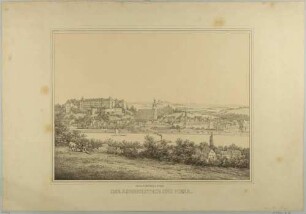 Stadtansicht von Pirna mit der Marienkirche und der Festung Schloss Sonnenstein; Blick über die Elbe nach Süden