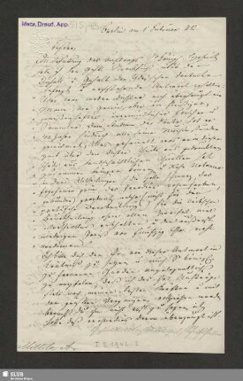 Mscr.Dresd.App.515,43: Brief von Alexander von Miltitz an Carl Borromäus von Miltitz; dat. Berlin, 11.02.1842.