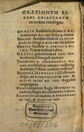 Orationes clarorum hominum, vel honoris officiique causa ad principes, vel in funere de virtutibus eorum habitae