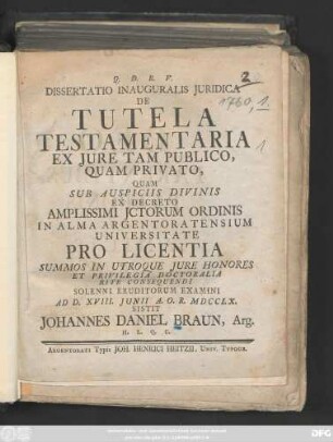 Dissertatio Inauguralis Juridica De Tutela Testamentaria Ex Jure Tam Publico, Quam Privato