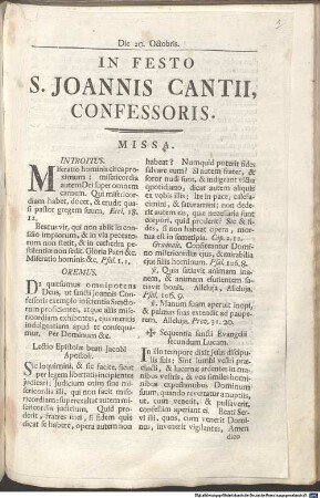 Die 20. Octobris. In Festo S. Joannis Cantii, Confessoris. Missa