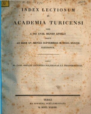 Index lectionum in Literarum Universitate Turicensi ... habendarum, 1834